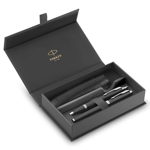 PARKER IM Duo Pen Set | Fountain Pen, Ballpoint Pen & Pen Pouch | Black Lacquer Finish with Chrome Trims | Medium Tip | Blue Ink Refills | Perfect Graduation Gifts