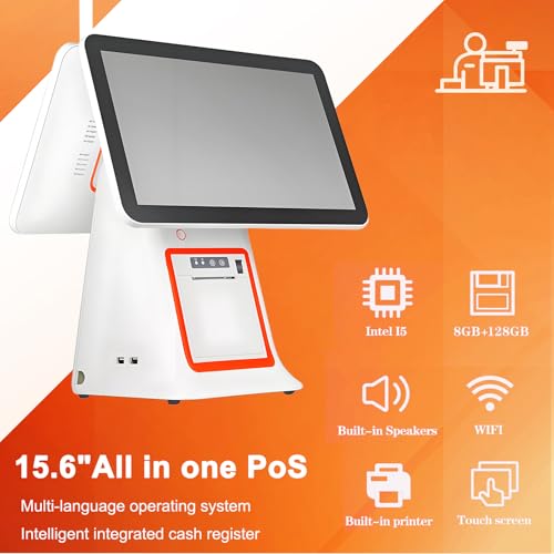 AETEREOS 15.6 Inch Dual Touch Screen Cash Register, All-in-One POS System for Small Business with Built-in 58mm Thermal Printer, Supports 30+ Languages for Retail & Restaurant White-Singlescreen