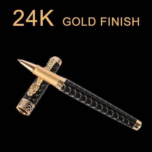 Urhomefull Stunning Luxury Rollerball Pen with 24K Gold Trim,Switzerland Tip with Black Ink Refills, Perfect Roller Ponit Pen Gift Set for Men Women, Fancy Writing Set for Business,Black