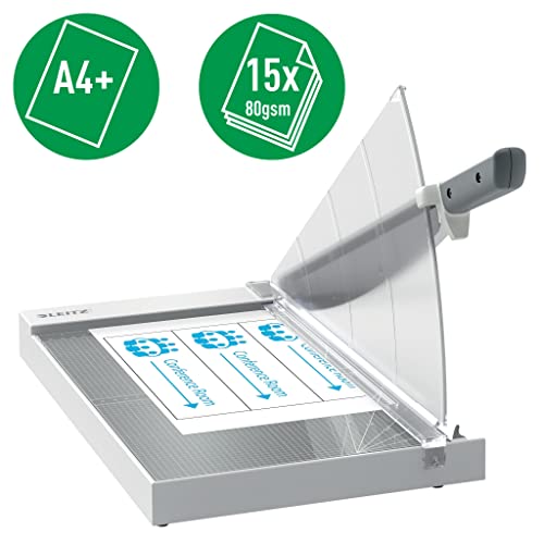 Leitz Precision Office Paper Cutter A4+, Guillotine, Cuts 15 Sheets, 381mm Cut Length, Precision Steel Blade, Premium Glass Base with Edge Glow & Blade Guard, 90210000