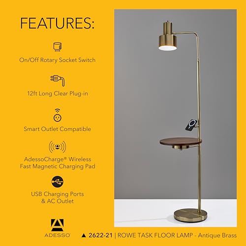Adesso Floor Lamp with Table, Antique Brass & Wood, Wireless Charging, 56”