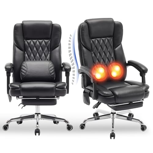 Massage Office Chair with Footrest, High Back Executive Chair, Ergonomic Desk Chair with Removable Pillow, 2 Lumbar Massage Points, Reclining, Leather Computer Chair, Black, Set of 2