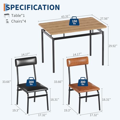 Garvee 5 Piece Dining Set for 4, Wooden Table with PU Chairs, Metal Frame