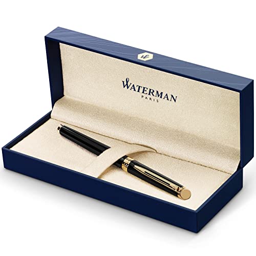 Waterman Hemisphere Fountain Pen Black with Gold Trim Medium Nib Blue Ink Gift Box