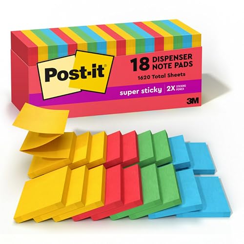 Post-it Super Sticky Dispenser Pop-up Notes, 18 Sticky Note Pads, 1620 Sheets, 3 x 3 in., 2X Sticking Power, School and Oﬃce Supplies, Use with Post-it Note Dispensers, Playful Primaries Collection