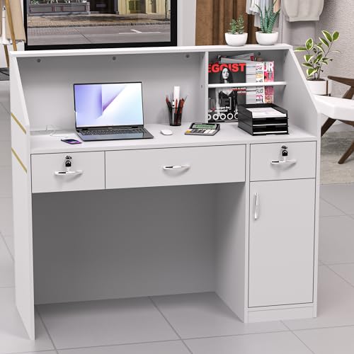 AHB Reception Desk with Counter, Modern Front Table Equipped Lockers & Storage Shelves, 48-inch Checkout Counter with DIY Stripe for Lobbies, Salons, Retail, Home Offices, Reception Room