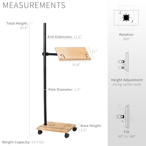 VIVO Mobile 16 inch Mobile Podium Reading Stand, Portable Rolling Book Holder, Real Bamboo Surfaces and Black Pole, CART-BK01B