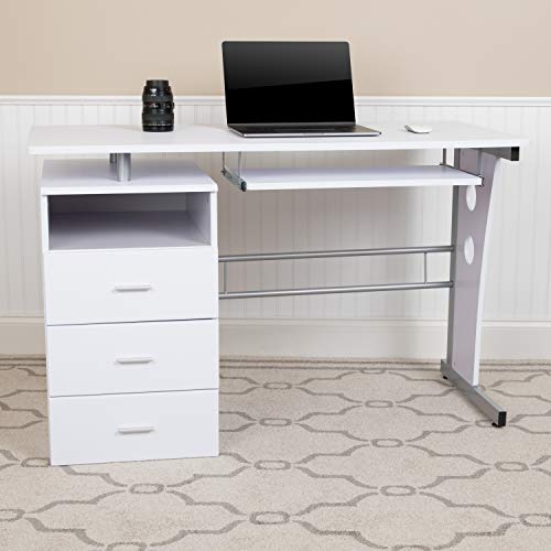 BizChair White Desk with Three Drawer Single Pedestal and Pull-Out Keyboard Tray