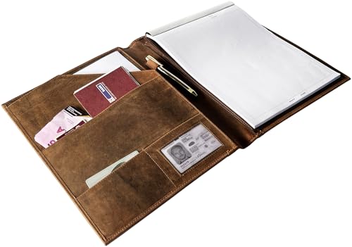 Leather Business Portfolio by Rustic Town | A4 Conference Folder Gift for Men & Women | Handmade Durable Leather Padfolio 3 + 1 Sleeves for Documents and Notepad