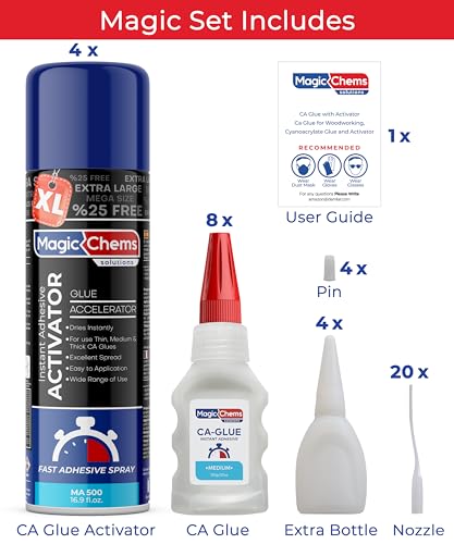 Magic Chems CA Glue with Activator, Cyanoacrylate Adhesive, Acrylic, 4 Pack