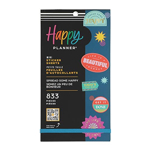 Happy Planner Sticker Pack for Calendars, Journals, and Diary Planners, Multicoloured Scrapbook Accessories, Spread Some Happy Theme, Mini Size, 30 Sheets, 833 Total Stickers