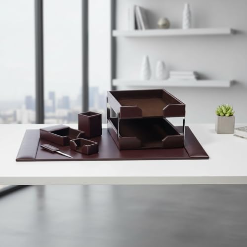 Dacasso Dark Brown Bonded Leather 8-Piece Desk Accessory Set - Organization Essentials & Executive Decor - Luxury Leather Blotter for Office Organization