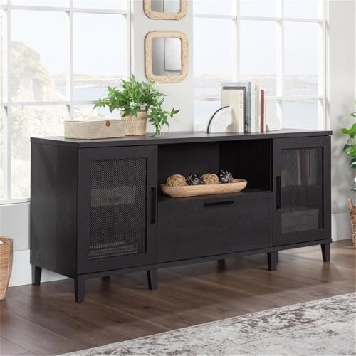 Pemberly Row Contemporary Engineered Wood Large Credenza, Raven Oak Finish, 29.76" H x 65.98" W x 20" D, File Drawer, Adjustable Shelves, Rattan Doors, Open Shelf, Cord Management, Home Office