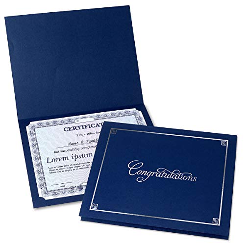 Congratulations Blue & Silver Certificate Folders - Pack of 25, Linen Cover 80 lb. Stock, Folded, Die-Cut Corners, for Office, Business Awards, Graduation, School Diploma Holder, 9-1/2" x 12"