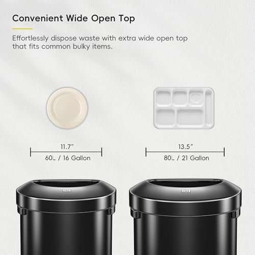EKO Urban 21 Gallon Semi-Round Open Top Waste Bin, Stainless Steel Half Round Commercial Trash Can for Indoor and Outdoor, Extra Large Garbage Bin for Home, Office, Restaurant, 80L, Matte Black