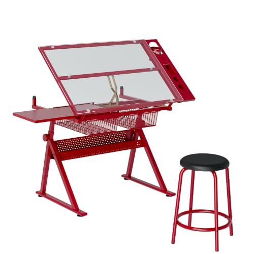SRECELL Adjustable Drafting Table with Chair, Tempered Glass Art Desk with 0-75° Tilt Desktop, 2 Metal Drawers and Side Storage Rack for Drawing, Painting, Crafting and Design