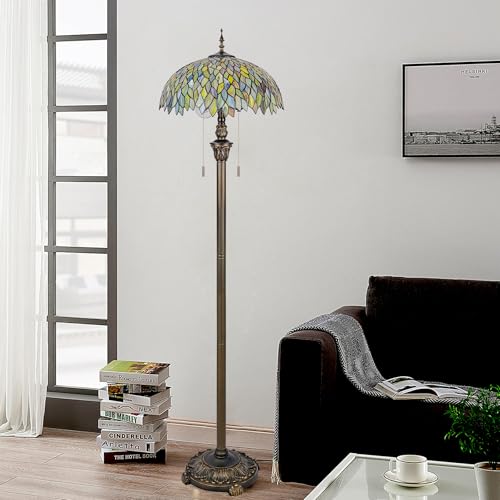 GILGGAK Tiffany Floor Lamp Green Wisteria Style Stained Glass Standing Reading Light 16x16x64 Inch Retro Inspired Pole Corner Lighting Art Decor for Bedroom Living Room Home Office (Green Leaves)