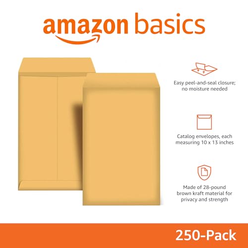 Amazon Basics Catalog Self Seal Mailing Envelopes, Peel and Seal, 10" x 13", Brown Kraft, 250-Pack