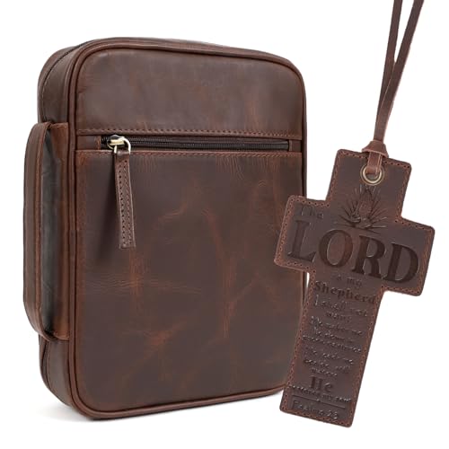 Leather Bible Cover for Men Bible Case for Women Zippered Holder Protector Cross Church Tote Bag Carrying Organizer Sleeve Gift Study Brown