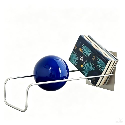 Gravity Ball Bookend, Stainless Steel Desktop Magazine Rack & Book Organizer, 18.9" Slanted Display Stand, Modern Decorative Book Holder for Office, Home, Entryway & Stainless Blue Ball