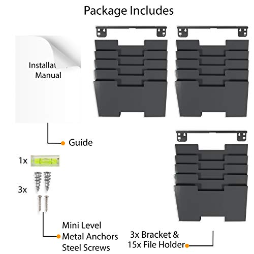 Wallniture Lisbon 15-Tier Wall Mounted File Holder and Desk Organizer, Metal Gray Office Organization and Storage Rack