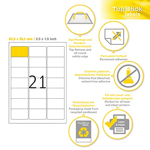 TopStick 8699 Address Labels 1000 Sheets 63.5 x 38.1 mm 21 per A4 Sheet Pack of 21000 Self-Adhesive Printable Matt Blank Paper Address Labels White