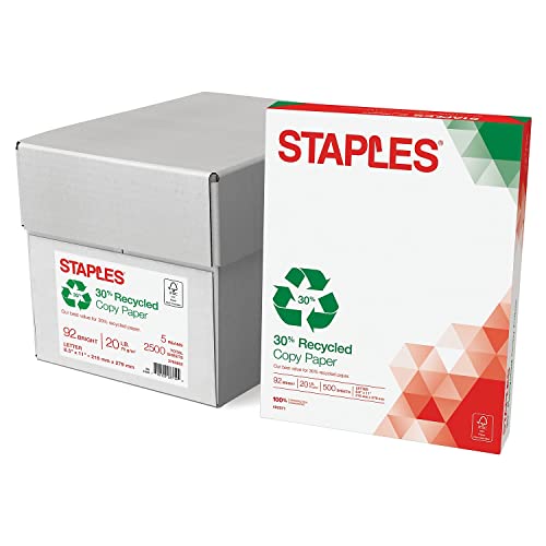Staples 30% Recycled Copy Paper, 8.5x11 In, 20 lb, 92 Bright, 5/Ctn