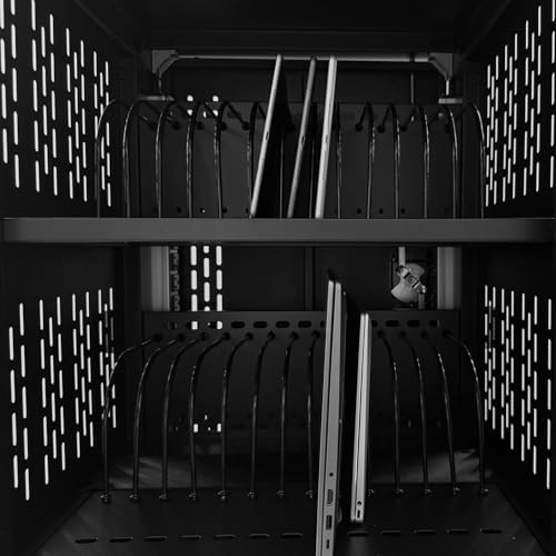 32-Bay Mobile Charging Cart for Laptops & Tablets up to 15.6", Locking Doors & Casters, Ventilated Design, Built-in Power Strip, School/Office Use, Easy Assembly, Black