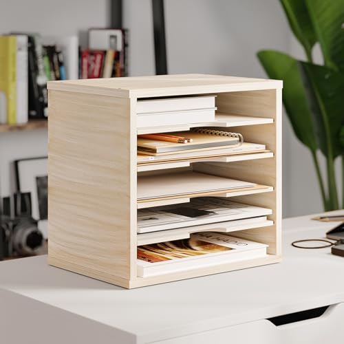 Ballucci 5-Tier File Organizer for Desk, Mail Sorter, Office Desk Organization, Paper Storage Organizers, Folder Holder for Desk, Letter Trays & Stacking Supports, Brushed Wood