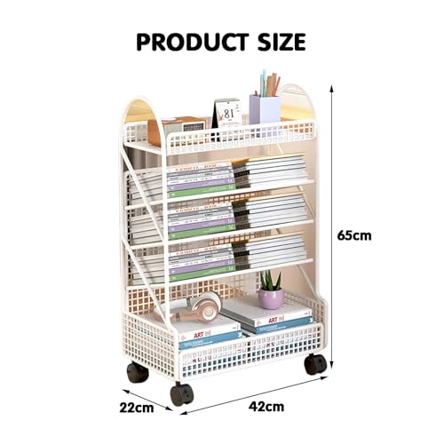 Preferspace Book cartMovable Bookshelf 5 Tier Rolling Utility cart Rolling Book cart with Slanted Shelves for Offices, Classrooms, Libraries, Study Rooms,A
