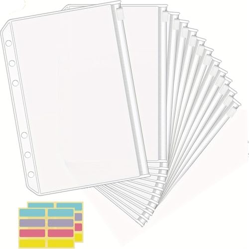 File Folder 12 Pcs Clear PVC Zippered Binder Pocket, A5/A6 Size