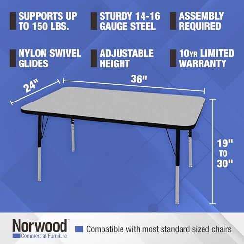 Norwood Commercial Furniture 36-Inch Adjustable Height Classroom Activity Table for Kids & Adults, Rectangular Activity Table for School and Home, Black
