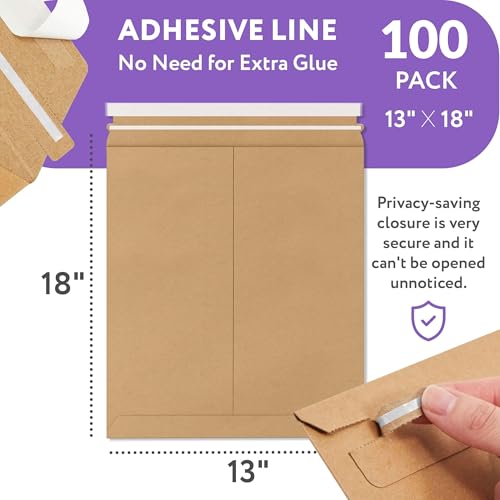 APQ Supply Natural Brown Rigid Mailers, 13 x 18 Inch. Pack of 100 Cardboard Envelopes for Photos, Documents. Sturdy Stay Flat Mailers with Self-Seal Closure. Hard Rigid Shipping Envelopes