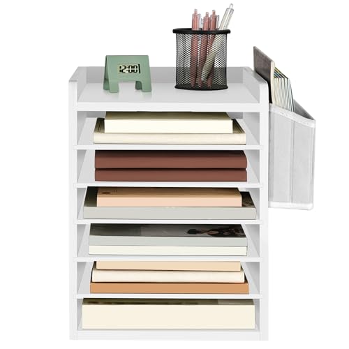 HOOBRO Adjustable Countertop Mail Sorter, 6 Tier Wooden Paper Organizer, Vertical Literature Organizer with Side Storage, Office Mailbox Cubbies, Classroom Mailbox, for Home, Office, White WT34WF01