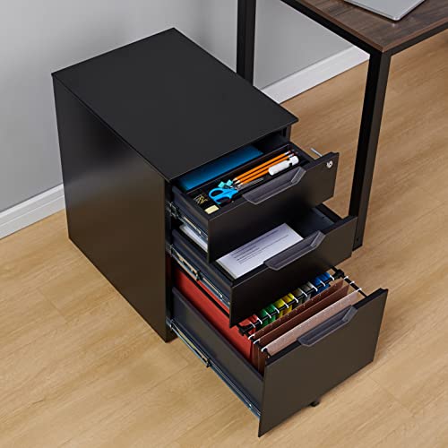 Amazon Basics 3-Drawer Mobile File Cabinet with Lock, Rolling Filing Cabinet for Hanging Files, Black, 20.71" D x 15.51" W x 24.29" H