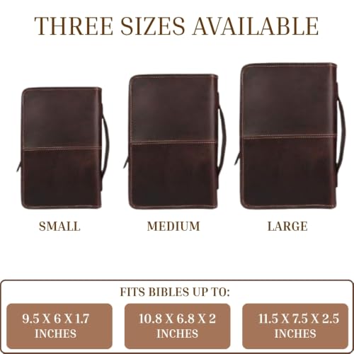 Vintage Crafts Bible Cover Book Cover Planner Cover with Handle and Back Pocket (Medium, Dark Brown Leather, Zipper Closure)