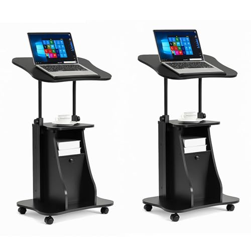 Tangkula Mobile Laptop Podium Set of 2, Height Adjustable Sit to Stand Desk with Tilting Desktop & Storage Cabinet, Ergonomic Rolling Lectern Cart Laptop Desk, Office Podium Stand on Wheels