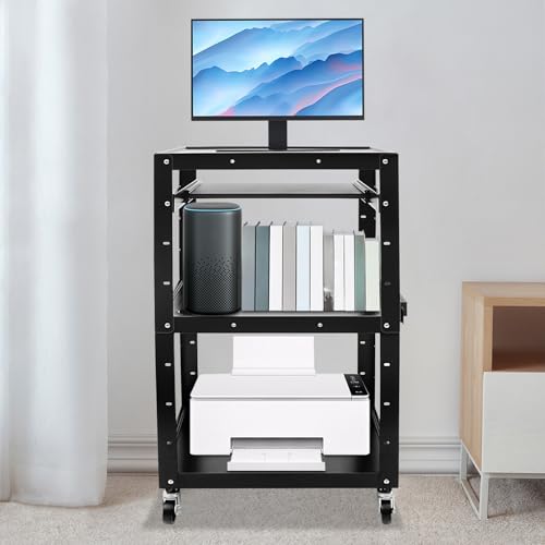 WAZYKJMDXX Space-Saving Rolling AV Cart, 4-Tier Mobile Computer Desk with 360° Locking Casters, Adjustable Shelf Height & Pullout Keyboard Drawer, Universal Media Stand for Classroom Hospital Bedroom