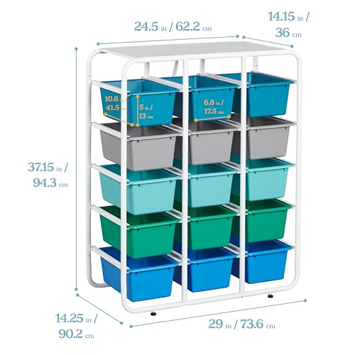 ECR4Kids 5-Tier Storage Rack with 15 Cubby Bins 5x3, Multipurpose Organization, Contemporary