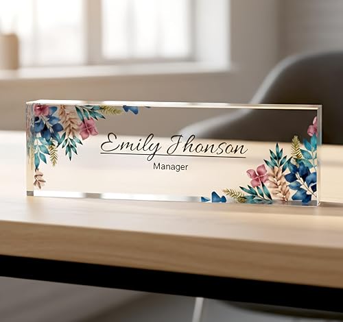 Personalized Floral Acrylic Desk Name Plate – Custom Name Sign for Women, Elegant Office Decor, Printed Clear Acrylic Glass Block, Unique Professional Gift, Stylish Desk Accessories for Her, 8"x2.5"
