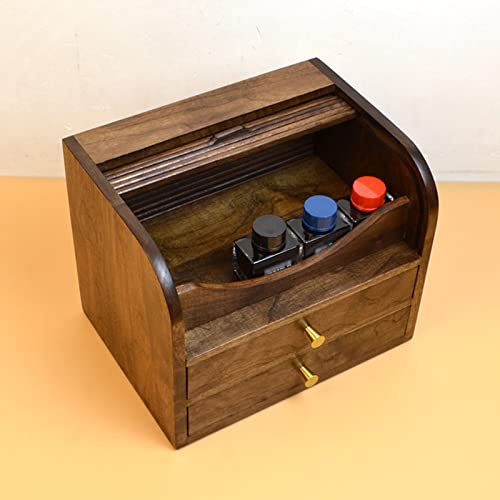Wood Pen Box, 20 Pen Organizer Box, Luxury Fountain Pen Storage Box, with Drawer, Top Ink Bottle Storage with Rolling Door, for Shop or Home
