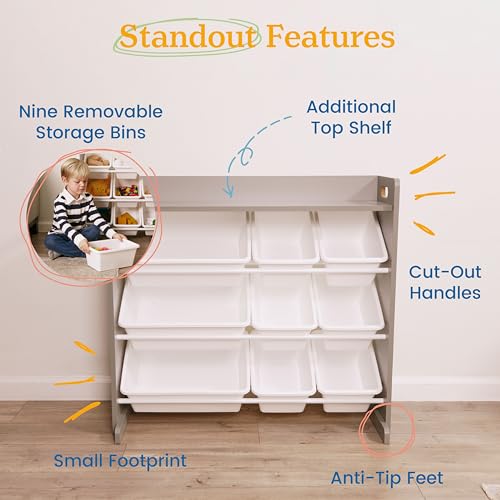 ECR4Kids 3-Tier Organizer with Shelf and 9 Removable Plastic Bins, 3x3, Toy Storage, Grey/White