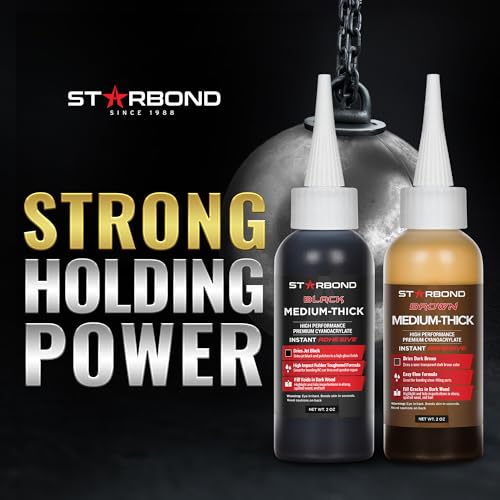 STARBOND Knot Filler System – 2 oz Black and 2 oz Brown Medium-Thick CA Glue with 6 oz Accelerator Spray – Instant Crack & Void Repair for Woodworking, Woodturning, Sandable Finish