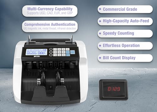 Large Money Counter Machine, USD/EUR/GBP/CAD Counterfeit Bill Detector with LCD Display, Advanced Detection, 300 Bill Capacity, 1000 Notes per Min, Total Value, Batch Function + More