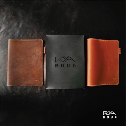 ROVA Full Grain Leather Notebook Journal Cover - Hand Crafted in the USA - Fits Moleskine XL (9.75" x 7.5") - Lay Flat Design with Pen Loop - Whiskey