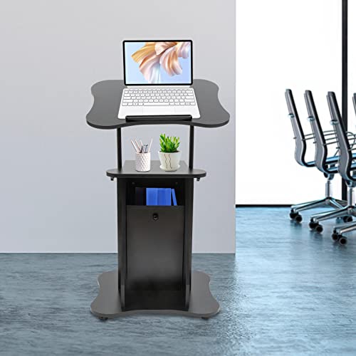 YIYIBYUS Mobile Laptop Podium, Height Adjustable Sit to Stand Desk with Tilting Desktop and Storage Cabinet, Ergonomic Rolling Lectern Cart Laptop Desk for Home, Office, School, Black (1 Pack)