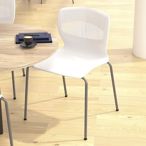Flash Furniture Hercules Series Set of 5 Commercial Stack Chair - Roomy Wide 770 lb. Capacity - Lumbar Support - Durable Plastic - Silver Steel Frame - White