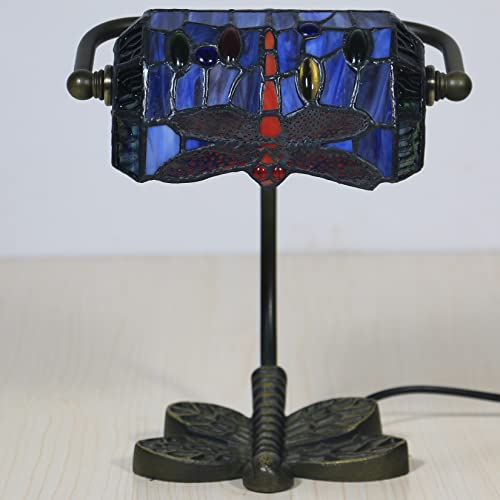 Banker Lamp Tiffany Desk Lamp Green Orange Dragonfly Stained Glass Desk Lamp, Adjustable Top Luxury Memory Piano Lamp, for Library Use