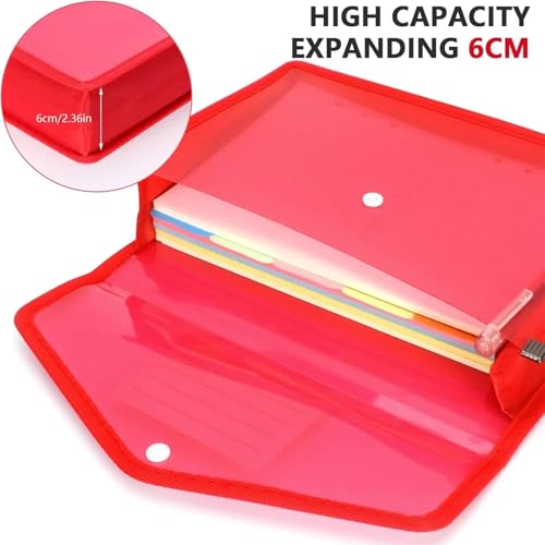 5Pcs A5 Expanding File Folder Plastic Envelope Wallet Organizer with Snap Closure & Label Pocket(Red)