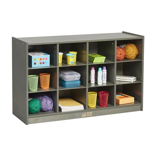 ECR4Kids 12 Cubby Mobile Tray Storage Cabinet, 3x4, Grey Wash